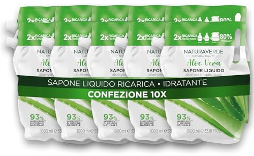 Naturaverde | Natural Beauty - Aloe Vera Flüssigseife Nachfüllung, reinigende und feuchtigkeitsspendende flüssige Handseife, 10 x 1000 ml