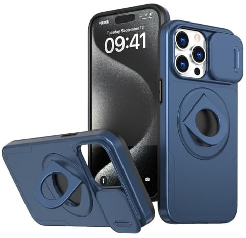 Rdyi6ba8 Ständer Hülle für iPhone 15 Pro, [360°Drehbarer Magnetisch Ständer] mit Schiebe Kamera Schutz Handyhülle für iPhone 15 Pro 6.1”(Blau)