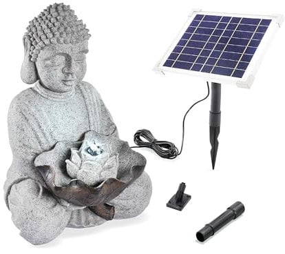 esotec Solarbrunnen Buddha, Akku, LED, freistehender Springbrunnen, Gartenbrunnen Wasserspiel, Vogeltränke, Zierbrunnen, Geschenk Gartenliebhaber, grau, H=30cm, außen, 101327
