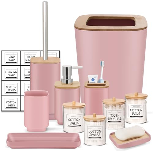 IMAVO Pink Bathroom Set, 10 Pcs Plastic Gift Set, 4 Qtip Dispenser, Toothbrush Cup, Soap Dispenser, Soap Dish, Toilet Brush Holder, Trash Can, Toothbrush Holder