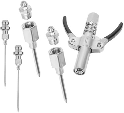NQEUEPN 5pcs Grease Gun Fittings Kit, Grease Needle Tip Nozzles Grease Injector Needle Dispenser with Double-Handle Grease Gun Coupler for Injecting Grease into Narrow Spaces Fit 1/8 NPT Grease Gun