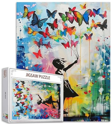 Tucocoo Puzzle für Erwachsene, 1 000 Teile, Schmetterlinge, kleines Mädchen, Banksy, Street Art-Stil, bunt, Heimdekoration, Familienpuzzle, perfekt für Spieleabende