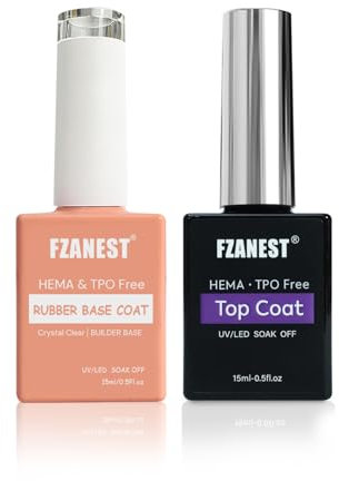 FZANEST HEMA-Free Builder Base With Top Coat Gel Nail Polish, 6 in 1 Long Lasting Rubber Base Gel Ultra Shine No Wipe Top Coat Kit Nail Strengthener Extension Harder Nails