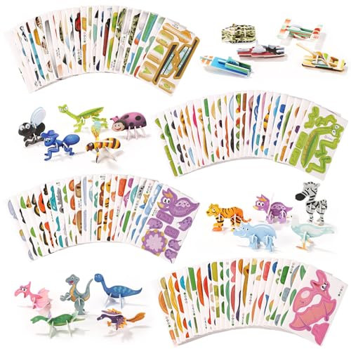 100stk Pädagogisches 3D Puzzle Kinder, Kinderspielzeug ab 3 Jahre Puzzle Vielseitige DIY-Bastelgeschenke 3D Tiere Dinosaurier Flugzeuge Insekten kunsthandwerk für Kleinkinder Jungen Mädchen