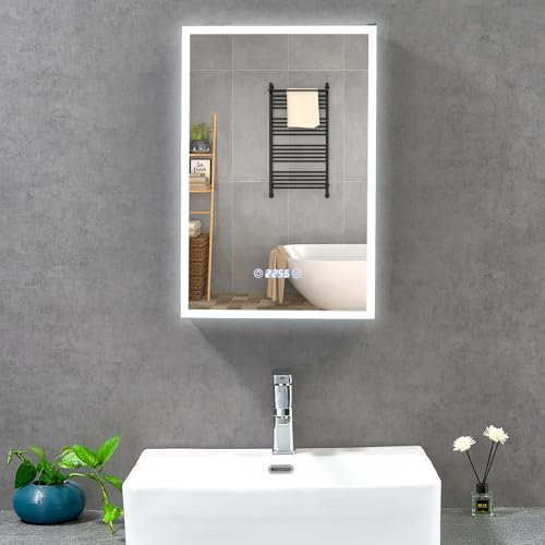 T&K LED Armoire Miroir de Salle de Bains avec éclairage et désembuage 40x60cm, avec Prise USB, Affichage de l'heure et de la température, dimmable en 3 Couleurs, Armoire de Toilette en Aluminium