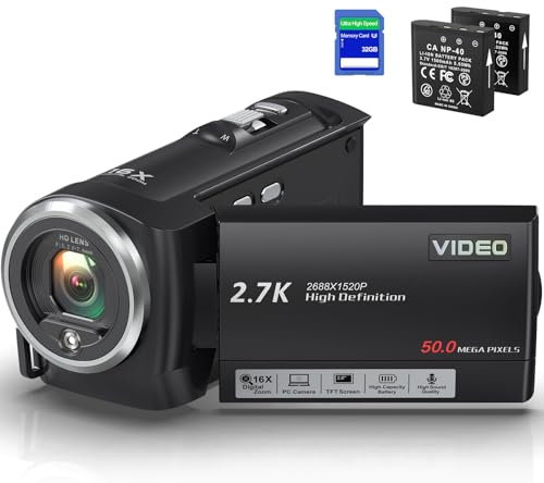 Video Camera Camcorder, QHD 2.7K Camcorder 50MP 16X Digital Video Camera for YouTube, 2.8'' 270 Degree Rotation Screen Video Recorder Vlogging Camera with 32GB Card and Two Batteries