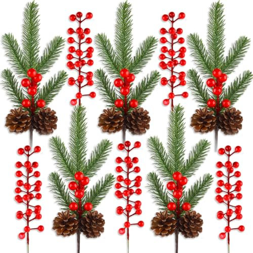 ACTOYS 10 Pcs Künstliche Tannenzweige Beeren Deko, Enthalten 5 Künstliche Rote Beeren und 5 Stechpalmen-Stiel mit Tannenzapfen, Dekorative Zweige mit Beeren für Basteln, Kranz, Weihnachten