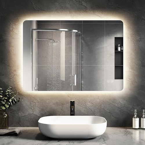 SVNR Badezimmerspiegel Mit 80 x 60cm Hintergrundbeleuchtung, An Der Wand Montierter LED-Kosmetikspiegel Mit 4mm Kupferfreiem Glas, Aluminiumrahmen, Dual-Touch-Steuerung, 3000K-6400K, LED-Smart-Spiegel