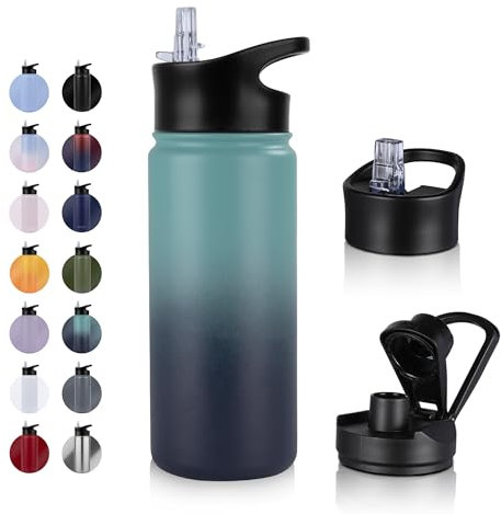 UMBFUN Edelstahl Trinkflasche - 500ml - mit Strohhalm,Auslaufsicher,Kohlensäure Geeignet,BPA frei Thermosflasche(+2 Deckel) Vakuum Doppelwandisolierung für Sport,Reisen,Camping,Schule,Fahrrad,Gym