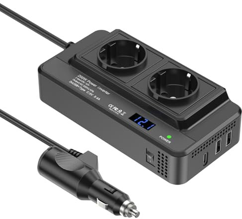 200 W Auto-Spannungswandler, Wechselrichter, DC 12 V auf AC 230 V, mit 2 Steckdosen und 3 USB-Anschlüssen, Schnelllade-Autoladegerät mit Zigarettenanzünderstecker für Geschäftsreisen und Urlaub