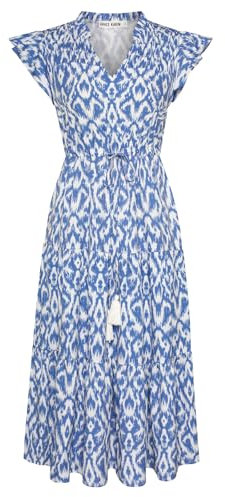 GRACE KARIN Women's Summer Floral Tiered Midi Dress Ruffle Short Sleeve V Neck A Line Long Maxi Wedding Flowy Dress with Pockets Blue and White M