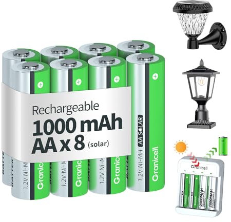 Granicell Lot de 8 piles AA rechargeables 1,2 V NI-MH 1000 mAh - Piles doubles A pré-chargées de grande capacité - Idéal pour les lampes solaires, les guirlandes lumineuses et les appareils ménagers
