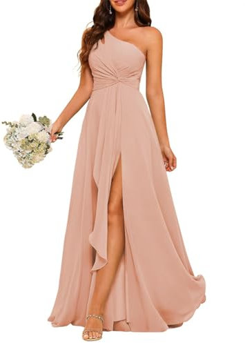 WSEYU Robe de demoiselle d'honneur en mousseline de soie avec fente A Line Longue robe de soirée formelle avec poches, vieux rose, 40