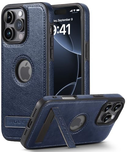 BinBoom Leather Case for iPhone 16 Pro Max, with Kickstand, Blue | Thin Flexible Soft Grip, Luxury Retro PU Leather + TPU Cover, Shockproof Drop Protection