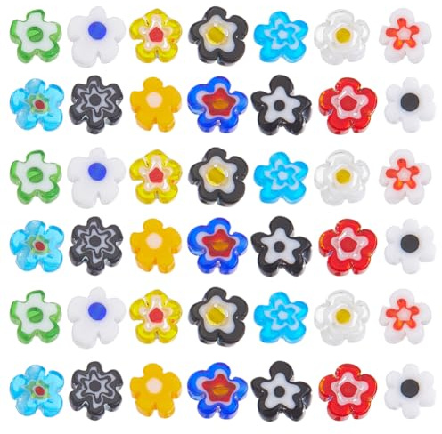 HOBBIESAY 100 Stück Blumen Lampwork Glasperlen Assortiment Flache Blumen Armbandperlen Kleine Millefiori Florale Lose Perlen für DIY Schmuckherstellung Armband Halskette Loch 1mm