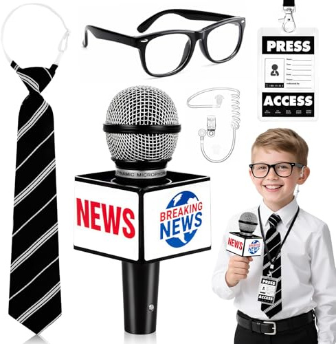 UxClishe News Reporter Costume Set, Journalist Role Play Props with Fake Microphone Press Pass Tie Glasses and Headset for Career Day Halloween Party World Book Week School Dress Up