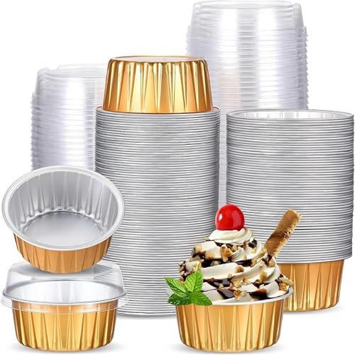 50 Vasco Moldes de Aluminio para Hornear con Tapas - Ramequines 125ml Desechables y Reciclables, Ideal Soufflé, Pudín, Tartas Individuales para Fiestas y Bodas (50)