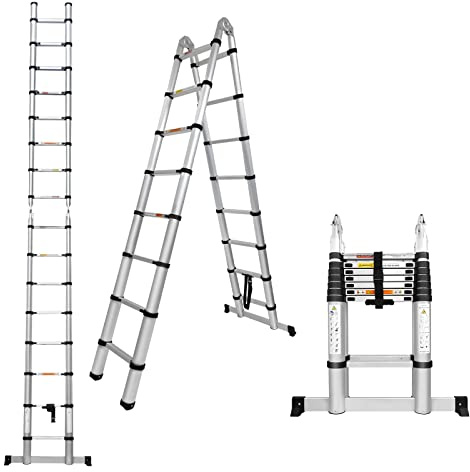 Scala pieghevole da 5 metri, telaio ad A, in alluminio, multifunzione, telescopica, portatile, estensibile, carico massimo: 150 kg, robusta e sicura, per casa, soffitta, ufficio