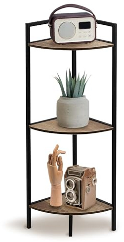GEEZY 3 Tier Corner Shelf Unit - Brown Oak Finish with Black Metal Frame, Freestanding Storage, Display Stand - Wooden Corner Unit for Living Room, Bedroom, Bathroom, Office, Utility Spaces