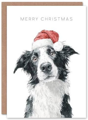 Artery8 Christmas Card Cute Collie Dog Wearing Santa Hat Watercolour