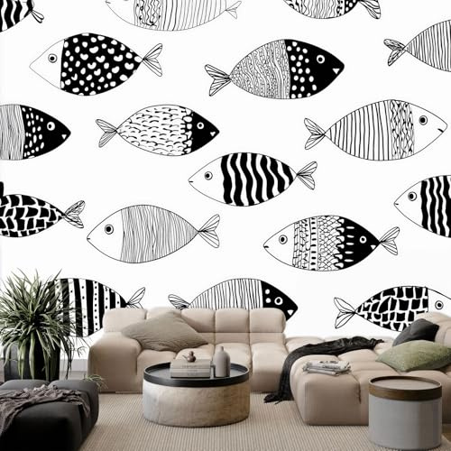WHUOEUCO Fototapete Abstrakte Fische in Schwarz-Weiß 250x175 cm 3D Wandbild Tapete, Modern Vlies Motivtapeten Groß Foto Tapete, Schlafzimmer Wohnzimmer Büro Wandtapete Deko