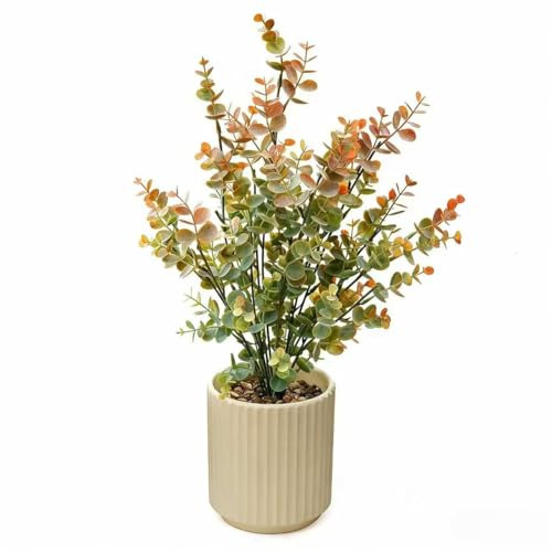 Ewtogift 16.5 Artificial Eucalyptus Plant in Beige Ribbed Ceramic Pot Autumn Green and Orange Faux Potted Plant for Home Office Living Room Shelf Table Decor No Watering Needed