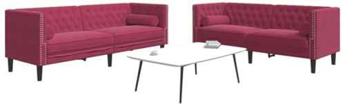 Frdhee Sofa Wohnzimmer Eckcouch,2-TLG. Chesterfield-Sofa-Set mit Nackenrollen Rot Samt,Eckcouch für Wohnzimmer/Wohnung/Büro,Einfache Montage