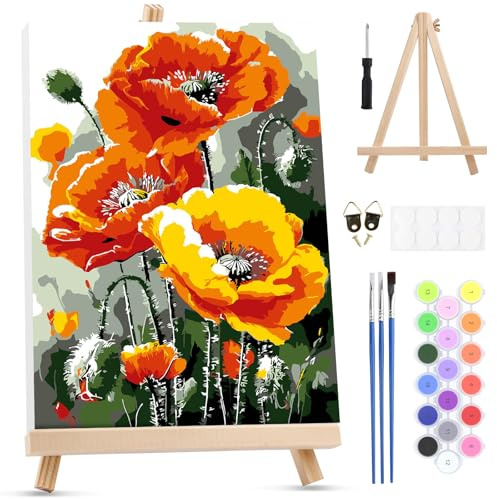 MXJSUA Coquelicots Peinture Numero Enfant Adulte avec Cadre, Numéro d'art avec Pinceaux, Loisirs Créatifs Adultes, Activité Manuelle Adulte, 20x30cm