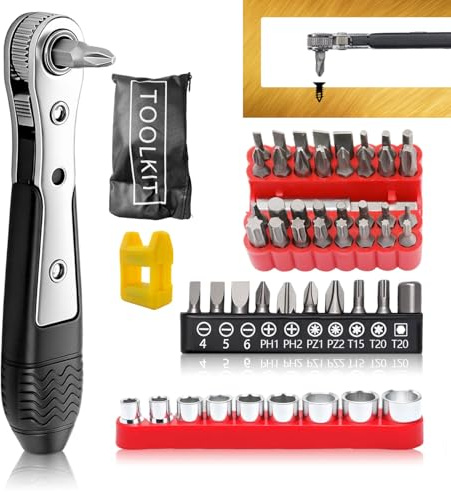 Destornillador Carraca Magnético Juego Carraca Pequeña Destornilladores de Trinquete con 42 puntas y 9 Vasos Ideal para Herramientas Pequeñas, Coches, Bicicletas, Uso Doméstico y Proyectos Bricolaje