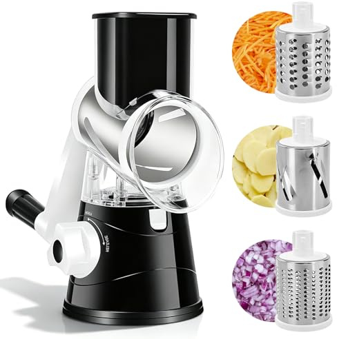 SilverChry Rallador de Verduras Multifuncional con 3 Cuchillas de Tambor Intercambiables, Cortadora de Mandolina de Tambor para Queso, Pepino, Zanahoria y Nueces