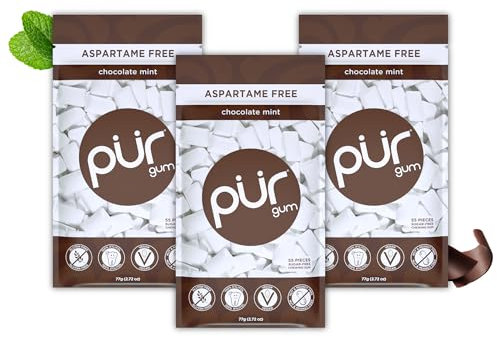 PUR Gum | Chicle Sin Azúcar | Con Xilitol | Vegano, Sin Aspartamo y Sin Gluten | Chicle Natural Con Sabor a Chocolate Mint, 55 Piezas (Paquete de 3)