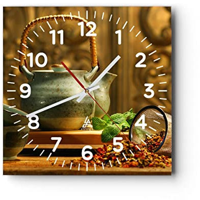 Horloge Murale Design Moderne Thé herbes tasses tradition 40x40cm Grand Pendule murale en verre Cuisine Salon Chambre Silencieuse Originale Wall Clock Décoration Murale Art Wall Decor C4AC40x40-2628