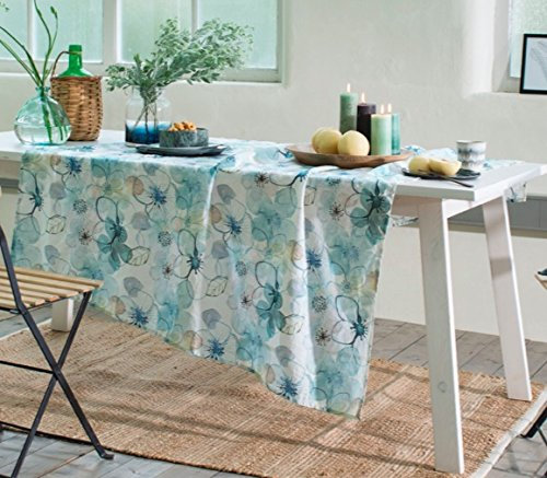Pichler Tischdecke WATERBLOSSOM, Lagune, Leinen, 150x250 cm, hochwertig
