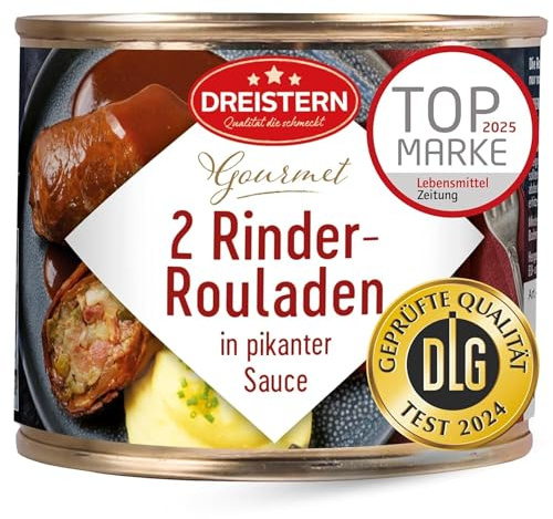 Dreistern Gourmet 2 Rinder-Rouladen 500g handgerollt in pikanter Sauce | 2 Premium Rouladen mit Füllung DLG prämiert, sehr zartes Fleisch & lange haltbar – Hausmannskost unkompliziert