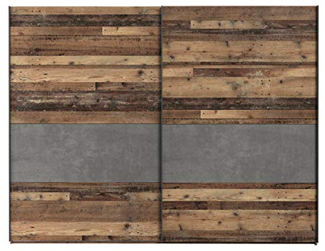 FORTE CLIF Schrank 270, Kleiderschrank, Schwebetürenschrank groß Vintage Schlafzimmer 2-türig, Holzdekor: Old – Wood Vintage / Betonoptik Dunkelgrau, 270 cm breit x 210.5 cm hoch x 61 cm tief