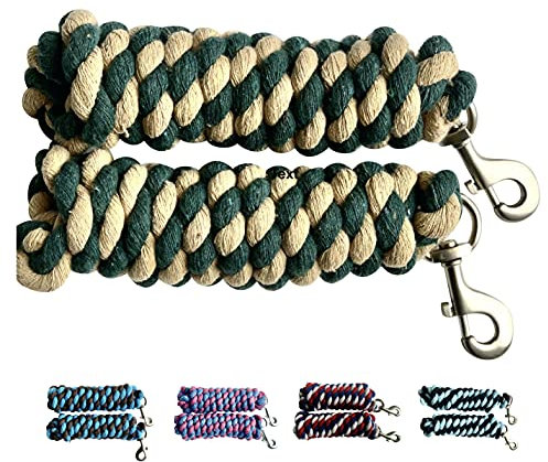 Majestic Ally Pack of 2 Solid Cotton Lead Rope for Horses & Livestock – 10 Foot Long and 5/8 inch Thick - Replaceable Heavy-Duty Satin Bolt Snap – Handmade – Soft, Broken in Feel (Hunter Green -Tan)