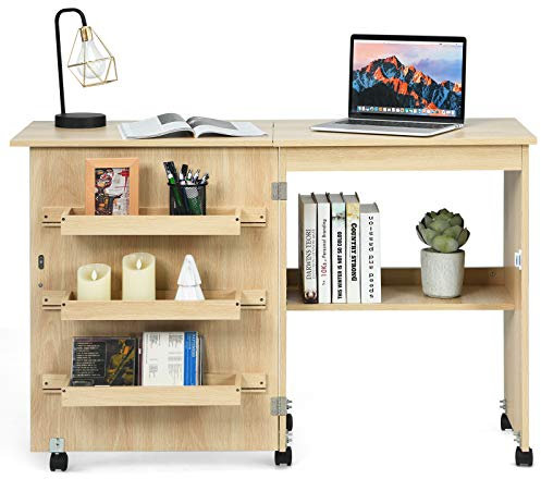 DREAMADE Nähtisch Nähmaschinenschrank Faltbar, Nähschrank Nähmöbel, Mehrzwecktisch mit 4 Rollen (Holzfarbe)