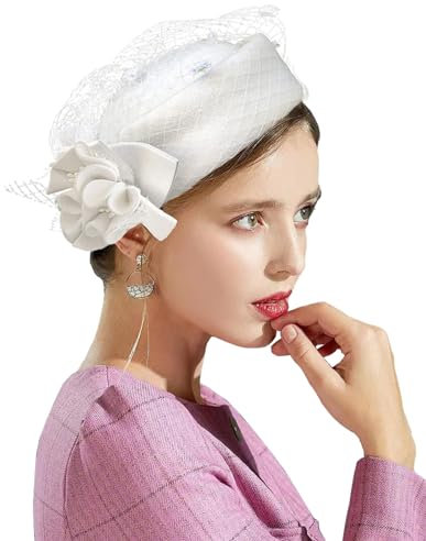 ORIDOOR Britischer Stil Pillbox Hut Frauen Kirche Derby Hochzeit Winter Vintage Fascinator Barett 100% Wollfilz Hut mit Schleier, 021b White, Einheitsgröße