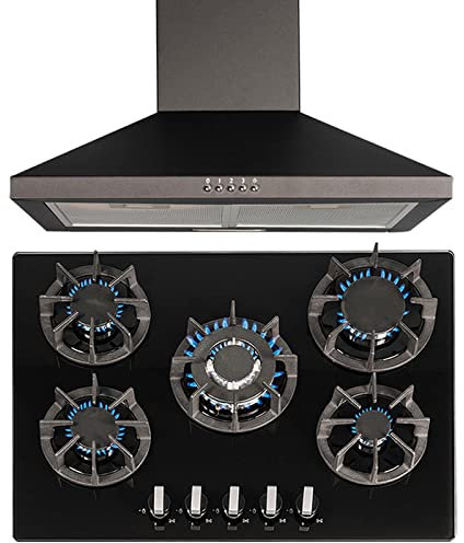 SIA R8 70cm Black 5 Burner Gas On Glass Hob With Cast Iron Pan Stands & SIA CHL70BL 70cm Chimney Cooker Hood Kitchen Extractor Fan in Black