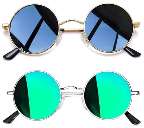 Joopin Retro Sonnenbrille Herren Runde Polarisiert und 90er Hippie Sonnenbrille Vintage Damen Rund Grün Verspiegelt 2 Pack (Silber Grün und Gold Schwarz)
