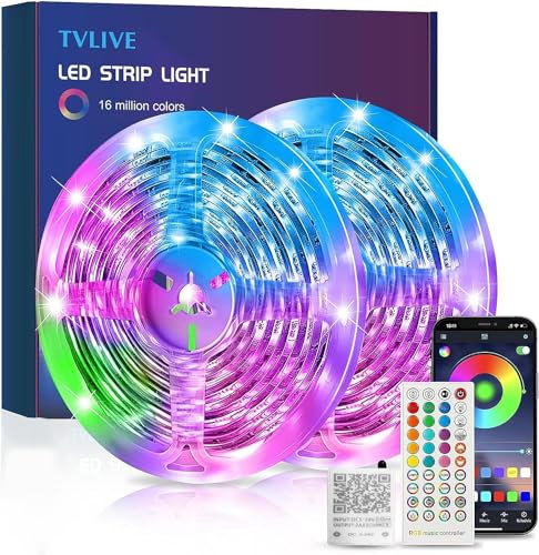 TVLIVE LED Strip 10m, Bluetooth RGB LED Streifen, LED Lichterkette Band Steuerbar via App mit 16 Mio. Farben Musik Sync Fernbedienung Dimmbar, LED band für Haus, Wohnzimmer, Küche (5M*2)