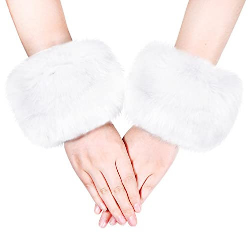 EQLEF Pelz-Handgelenk-Band, Faux-Pelz-Handgelenk-Band-Ring-Manschetten Weiche Winter-Arm-Wärmer-Hülsen für Frauen (weiß)