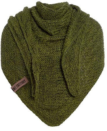 KNIT FACTORY - Dreiecksschal Sally - Damen Strickschal mit Wolle - Grob gestrickten Schal - Hochwertige Qualität - XXL Schal - 220x85 cm - Moosgrün/Khaki