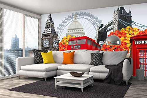 Vlies Fototapete LONDON VINTAGE PLAKAT 375 x 250 cm (inkl. Kleister) - Vlies Tapete, Wandtapete, Wandbilder - Tapete für Wohnzimmer Schlafzimmer, Büro, Küche - Montagefertig