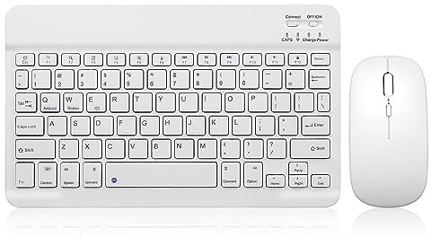 Ensemble clavier et souris Bluetooth rechargeables et portables pour Apple iPad, iPhone iOS 13 et supérieur, Samsung, tablette, téléphone, smartphone, Android Windows (10 pouces, blanc)