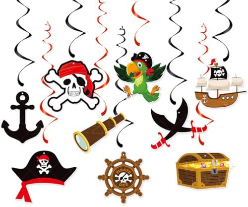 INGJIA 9 Stück Piraten Party Hängende Wirbel Deko Piraten Decken Wand Spirale Luftschlange Piraten Kapitän Hut Schädel Papagei Schätze Decken Wirbel zum Aufhängen für Piraten Nautische Karibik