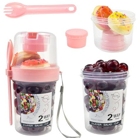 NAROSEBE Bol Muesli à Emporter 560+240ml, Boîte Petit Dejeuner avec Cuillère, Gobelet à Céréales à Emporter en PP, Tasse de Salade Anti-fuite, Gobelet Yaourt et Muesli, pour Pique-Nique École Bureau