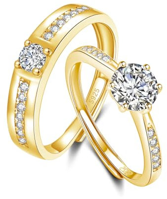 Kamise Silver Couple Rings for Women/Men, 2PCS 925 Sterling Silver Matching Wedding Anniversary Rings Set, Adjustable Zirconia Engagement Ring, Gold Plated Forever Love Ring for Valentines Birthday