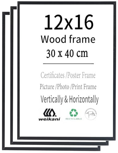 Weikani Lot de 3 cadres photo en bois noir de 30x40cm, cadre photo en bois noir, cadre pour certificat, cadre avec plexiglas pour montage mural ou affichage sur table