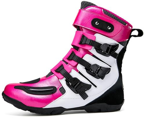 DJFOG Stivali da moto alti per unisex, stivali protettivi impermeabili in pelle microfibra da cross, comodi stivali da motocross traspiranti,Rosa,41